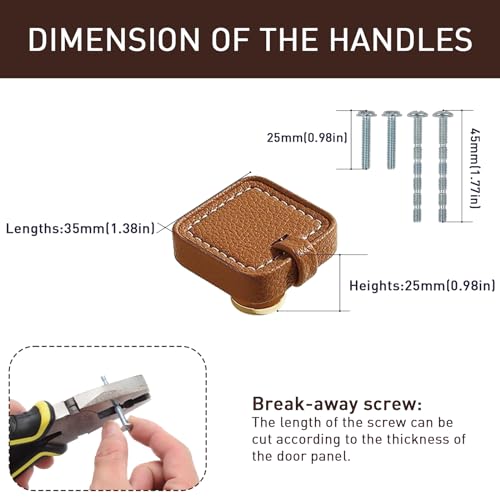 Image of 6 Pack Leather Cabinet Knobs Hand-Stitch Brown Square Drawer Pulls for Cabinets Cupboard Dressers Drawers Bedroom