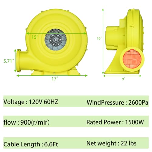 Yimukaka 1500W 2HP Air Blower for Bounce House, Commercial Inflatable Blower Fan for Jumper, Bouncy Castle, Water Slide, Pool Float by Yimukaka - Used condition - Image 3