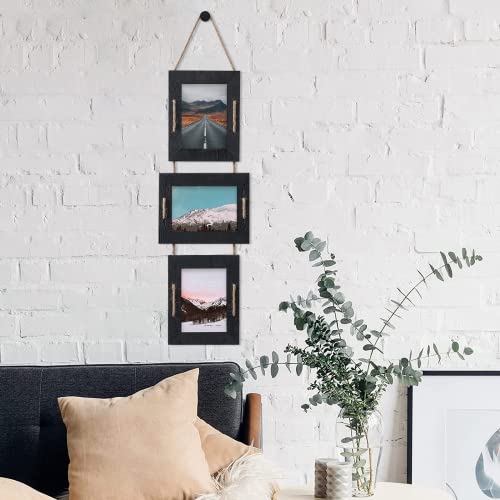 Abswhlm 5X7 Hanging Picture Frames Rustic Solid Wood 3 Opening Picture Frame Collage Wall Mounted Set Display 4X6 Pictures With Mat Or 5X7 Without Mat (Weathered Black, 2Pack) #TOP6