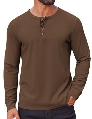 Image of COOFANDY Mens Henley Shirt Long Sleeve T Shirt Grandad Shirts Brown XXXL