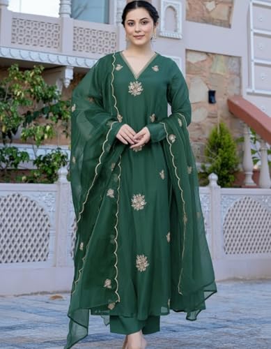Image of Nermosa Women Embroidery Solid Anarkali Kurta and Pant Set with Dupatta
