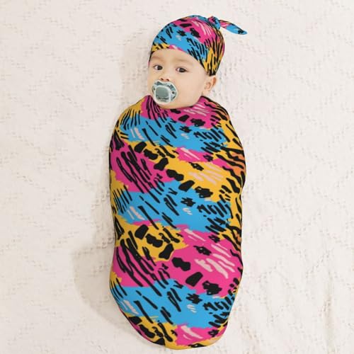 Image of 80s 90s Animal Funny Skin Print Newborn Swaddle Blankets Hat Sets Soft Baby Receiving Blanket Swaddle Sack for Baby Shower Infant Boy Girl Gift