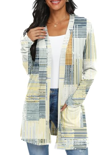 QIXING Womens Lightweight Long Cardigan with Pockets,Beige Geometry,M