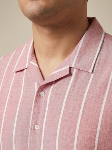 Image of Urbano Plus Men's Cotton Half Sleeve Relaxed Fit Linen Striped Shirt with Cuban Collar