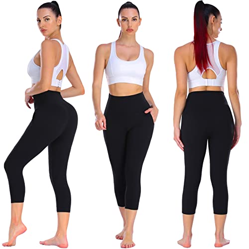 New Young 3 Pack Leggings With Pockets For Women,High Waisted Tummy Control Workout Yoga Pants (3 Pack Capri-Black/Black/Black, Large-X-Large) #TOP1