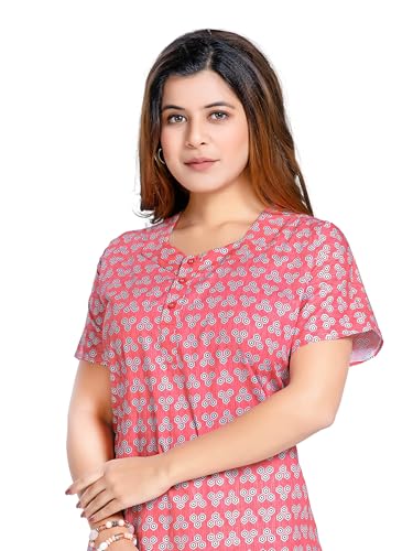 Image of PNAEONG Women's Printed Cotton Nighty, Gown Maxi - Free Size Peach