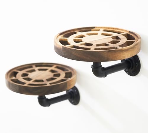 Un-OPENED BOX Round Floating Shelves Made of Acacia Wood, 7.9 inches Diameter. Circle Wall Mounted Shelves for Candles, Planter, Ornaments. Rustic Mid Century Corner Shelves (2 Pack)