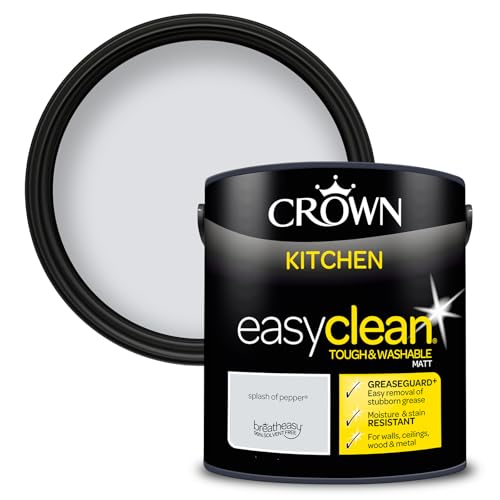 Image of Crown Paint EASYCLEAN Splash Of Pepper Kitchen Paint Matt Emulsion - Washable, Grease and Steam Resistant - Beige Finish - Use on Walls, Ceilings, Wood and Metal - Tough, Durable, Low Odour - 2.5L