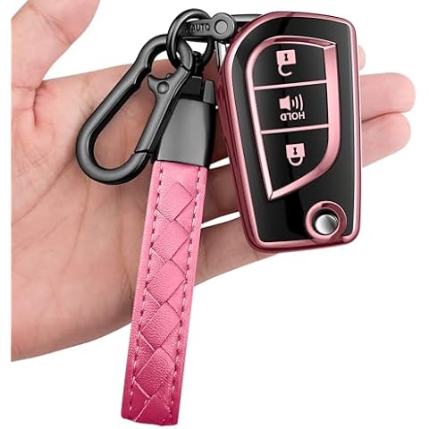 Sindeda for Toyota Key Fob Cover with Keychain Soft Full Protection Key Shell Key Case Compatible with Fortuner Tundra Camry RAV4 Highlander Corolla (3 Buttons, Pink) Cover