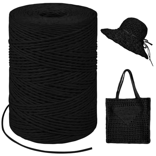Image of Black Raffia Yarn for Crochet Bags, 1.5mm x 328 Yards Round String Raffia Ribbon for Gift Wrapping, Raffia Paper Ribbon Yarn for Crocheting Sun Hat, Bag, DIY Crafts, Holiday Decoration