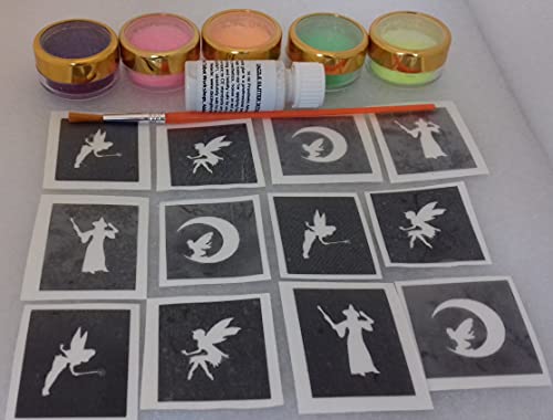Fairy Glitter Tattoo Set incl 30 x Stencils + 5 Glitter Colors + Glue Fairies Tinkerbell