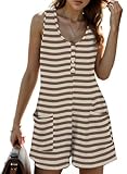 PrinStory Womens Summer Casual Romper Sleeveless Waffle Knit Jumpsuits for Woman Short Rompers with Pockets FP-Apricot Brown-XL