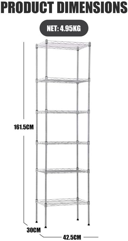 Actask 6-Shelf Shelving Unit with Height Adjustable Shelves and Adjustable Levelling Feet, Free Standing Shelves units for Storage with 6 Tier Wire Metal Rack - 600LBS (272KG) Max Weight, Chrome
