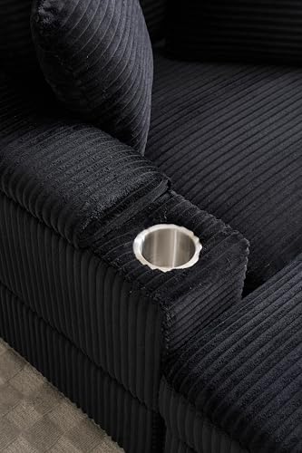 Image of 50 inch Corduroy Upholstered Chaise Lounge Chair Indoor, Modern Lazy Sofa with Storage Armrest, Sleeper Couch with Cup Holders for Living Room, Black