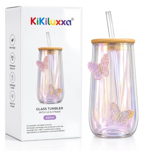 Image of KiKiluxxa 450ml Iridescent Glass Tumbler with Lid & Glass Straw | Premium Borosilicate Drinking Glass | Butterfly Design Cold Coffee Cup (Sage Glow Green)