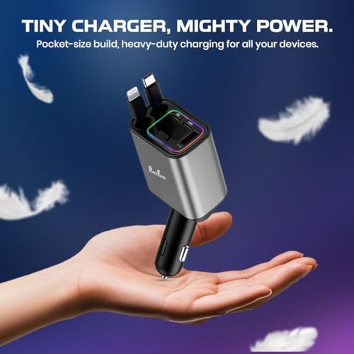Image of PunnkFunnk 120W 5-in-1 Super Fast Car Charger | Multi-Port USB & Type-C Car Adapter with Display Screen, Telescopic Charging Cable, 4 Devices Simultaneous Charging - Compatible with iOS & Android