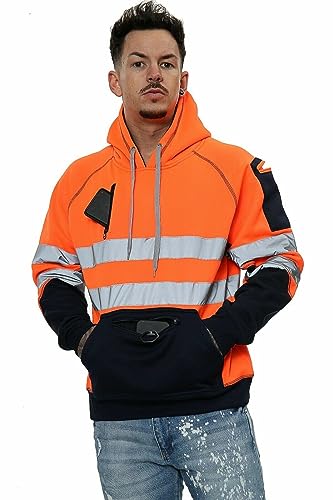 Image of LUXFAB Hi Vis Hoodie - Hi Viz Sweatshirt Safety Work Reflective Jumper Hoodie Tape Band Work Warm Security High Visibility Sweatshirt 3 Zipped Pocket Pullover Hooded Top Plus Size Small - 5XL