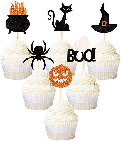 Ercadio 36 Pack Halloween Cupcake Toppers Witch Hat Spider Pumpkin Ghost Cat Cupcake Picks Baby Shower Birthday Halloween Themed Party Cake Decorations Supplies