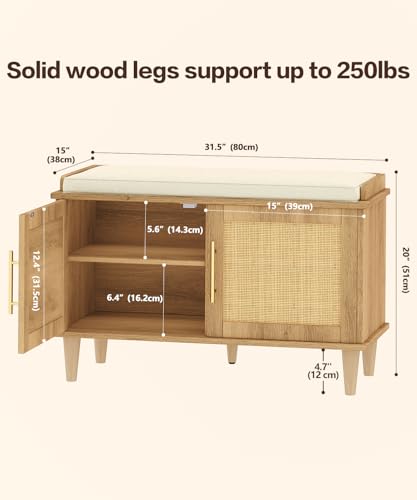 Akxomel Natural Rattan Shoe Storage Bench with Cushion, Entryway Shoe Cabinet Bench with 2 Doors, 15\"D x 31.5\"W x 20\"H, Wooden Shoe Organizer, Adjustable Shelf, Solid Wood Legs, for Hallway, Bedroom - Thumbnail 3