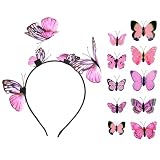 Diadema de mariposa, 10 pinzas para el pelo de mariposa y 1 diadema de mariposa, diadema para fiestas, accesorios para carnaval, Pascua, disfraz, boda, tocado (rosa)