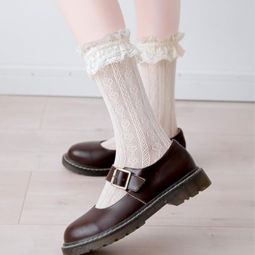 Image of Women Lace Ruffle Socks White Black Frilly Lolita Crew Dress Socks | Womens Ankle Lacy Ruffled Socks Adult Cute Soft Cotton Thin Sexy Mesh Lace Trim 80s Casual Church Socks for Ladies Big Girls