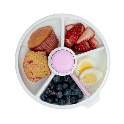 Image of GoBe Kids Large Snack Spinner Slide Bundle with Hand Strap and Sticker Sheet - Reusable Snack Container with 4 Compartment Dispenser and Lid | BPA /PVC Free | Dishwasher Safe | No Spill - Taro Purple