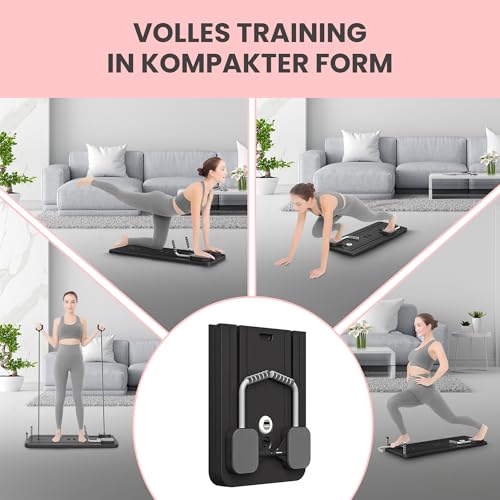 Extralink Pilates Board – Klappbarer Pilates Reformer für Zuhause, Multifunktional, Bauchtrainer mit Widerstandsbändern, Automatischer Rückprall, LCD Timer & Handyhalterung, Kompakt & Stabil, Schwarz