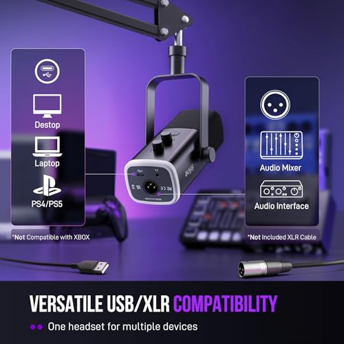 FIFINE XLR/USB Gaming Microphone Set, Dynamic PC Mic for Streaming Podcasting, Computer RGB Mic Kit with Boom Arm Stand, Mute Button, Headphones Jack, for Recording Vocal Voice-Over-AmpliGame AM8T