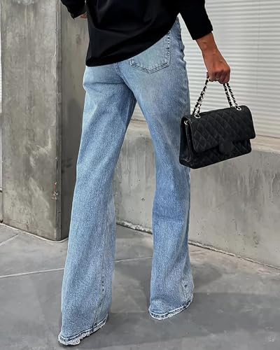 Women's Vintage High Waisted Stretchy Straight Leg Jeans Trendy Loose Washed Raw Hem Wide Leg Denim Pants3
