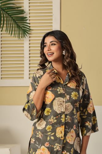 Image of Women's Pure Cotton Printed Night Suit,Top and Relaxed Pajama Set, Stylish Sleepwear