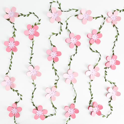 2PCS Cherry Blossom Flower Garland, Paper Cherry Flower Vines, Pink Flowers Garland for Home Wedding Garden Party Arch Office Decor