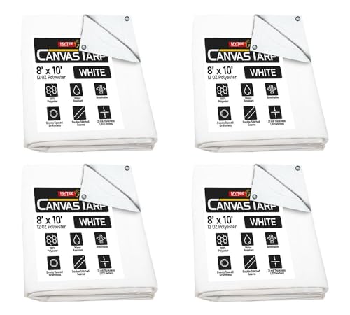 Mytee Products 4 Pack 8' x 10' White Canvas Tarp 12oz - Water Resistant & Breathable - Heavy Duty Tarps - Multipurpose Tarpaulin Cover for Camping Tent