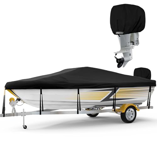 Boat Cover 14-16ft feet 900D, Heavy Duty Trailerable Boat Covers with Motor Cover Waterproof for Bass Boat, V-Hull Tri-Hull Boats and Runabout, Marine Grade Canvas UV Resistant Windproof