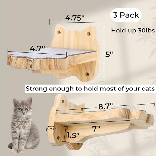 Tlence 3 Pack Cat Wall Shelves for Cats Steps, Wall Mounted Floating Cat Furniture with Non-Slip Felt, Cats Climbing Wall Stairs Perch for Jumping, Playing and Lounging, Holds up to 30lbs by Tlence - Image 2