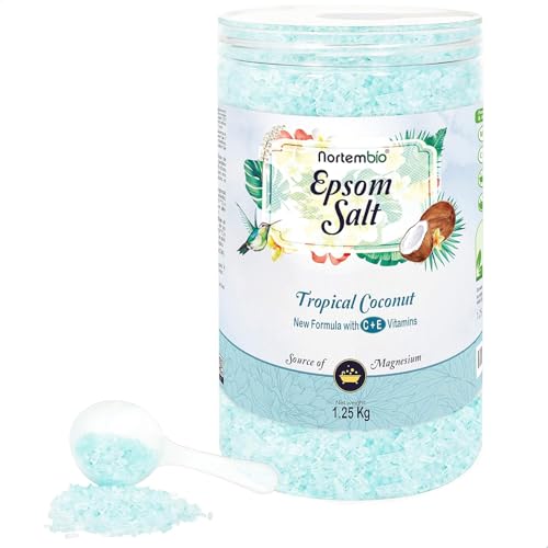 Nortembio Sales de Epsom 100% Fragancia Coco Tropical 1,25 kg – Fuente Natural de Magnesio | Con Vitamina C y E Hidratante | Para Baños Relajantes, Spa y Cuidado de la Piel + E-Book Gratis