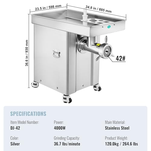VEVOR Hachoir à Viande Électrique Capacité 16,7 kg/min, Broyeur de Viande avec Lame et Plaque de Broyage, Poussoir à Saucisse en Acier Inoxydable, Facile à Nettoyer, pour Cuisine Restaurant Boucherie