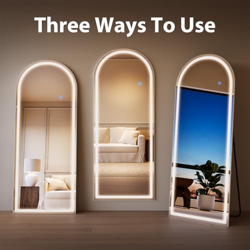 Image of Koonmi Arched LED Full Length Mirror 26 inch x 65 inch Wall Mounted /Standing Full Body Mirror with Dimmable & 3 Color Lighting, Aluminum Alloy Frame, Tempered Glass, Safe to Use, for Bedroom /Cloakroom