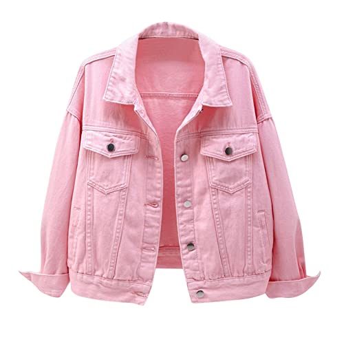 IQYU Cazadora vaquera para mujer, corte holgado, estilo informal, chaqueta vaquera, chaqueta vaquera con volante, para mujer, Rosa., XXL