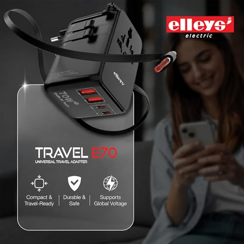 Image of Elleys 70W Travel Adapter with Retractable Cable | Universal Travel Adapter | Dual USB Ports, Multi-Plug Charger with GaN Fast Charging | Worldwide Compatibility for US, UK, Canada, Europe (1Pcs)