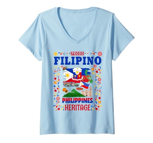 Femme Drapeau du patrimoine philippin - Idée de tenue pour enfants - Drapeau des Philippines T-Shirt avec Col en V