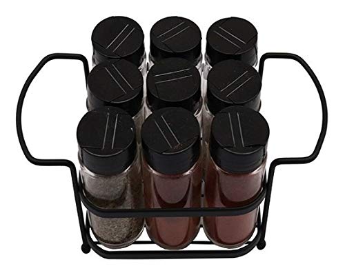 Porta Tempero Condimento 9 Potes Vidro Tampa Dosadora Suporte Preto Organização Cozinha