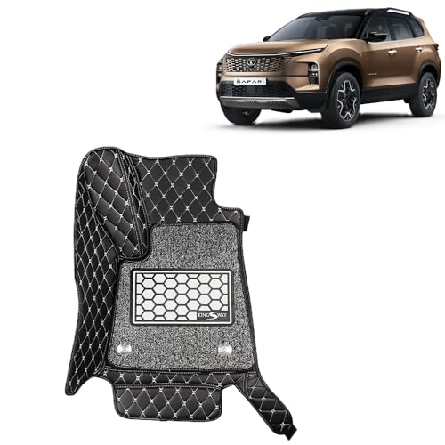 KINGSWAY Accessories Premium 7D Car Floor Mats Only Compatible with Tata Safari 6 Seater Year 2023 Onwards All Model, Set of 4 Pcs, 100% Waterproof & Washable Luxury 7D Car Foot Mats, Black