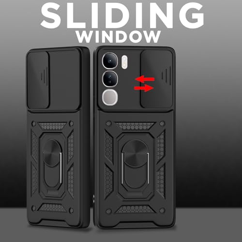 Image of Outlouders Back Cover for Vivo Y300 5G / Vivo V40 Lite 5G | D10 Tough Armor 360 Protection Case with Sliding Camera Shield & Ring Holder Stand Bumper Case (Black)