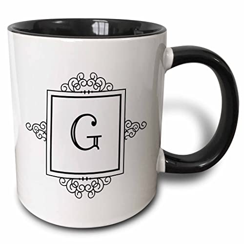 3dRose Letter G Monogram Black White Typography 11oz Two-Tone Black Mug