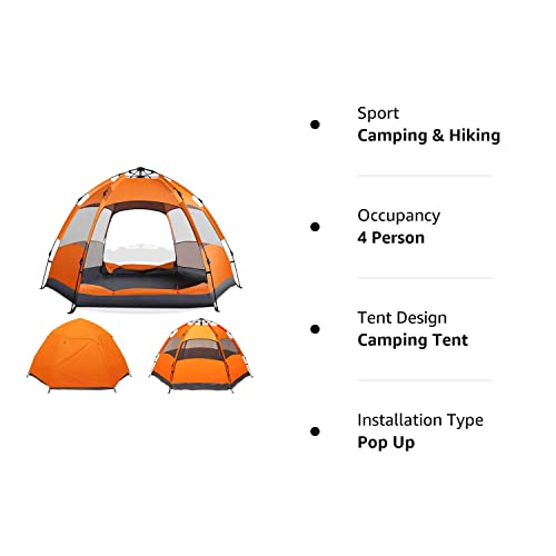 Instant Pop Up Camping Tent Easy Setup Automatic Hydraulic Water Resistant With Rain Fly Portable Lightweight Great For Outdoor Beach Backpacking Hiking (Orange, 2-3 Person) #TOP6