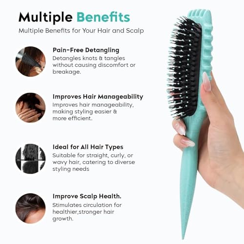 Image of Curly Curved Vented Hair Brush for Women & Men | Hollow Airflow Comb | Flexible Detangling Bristles with Comfortable Grip Handle | Blow-Dry Support & Scalp Massage Brush - Teal