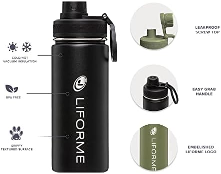 Liforme Portable Water Bottle, Leakproof Screw Top, Lightweight, Eco-friendly, Hot/Cold Vacuum Insulation, Sweat-Free Double-Walled Design, BPA-Free, Grippy Textured Surface, 520ML - Black