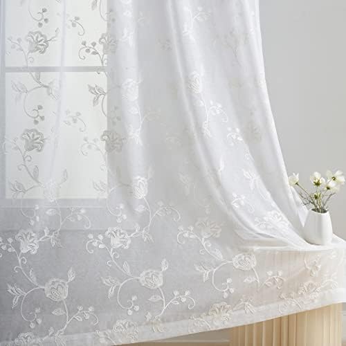 Sheer Curtains Floral Embroidery White 84 Inch Long Rod Pocket Lace Drapes for Living room, Bedroom, 2 Panels, 52"x84", Semi Voile Pattern Outdoor Window Treatment Sets for Yard, Patio, Villa, Parlor.