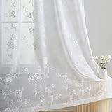 White Sheer Curtains Embroidery 63 Inch Length Rod Pocket Voile Drapes for Living room, Bedroom, Win