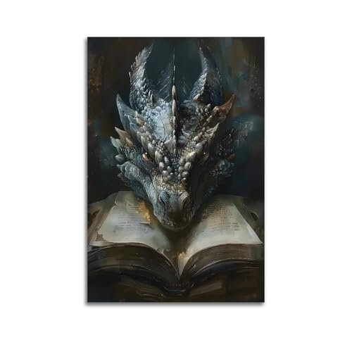 jocrynsi Gothic Dragon Reading Poster Beige Wall Art Posters Aesthetic Canvas Wall Art Print Home Decor for Bedroom Living Room12x18inch(30x45cm) Unframe-style